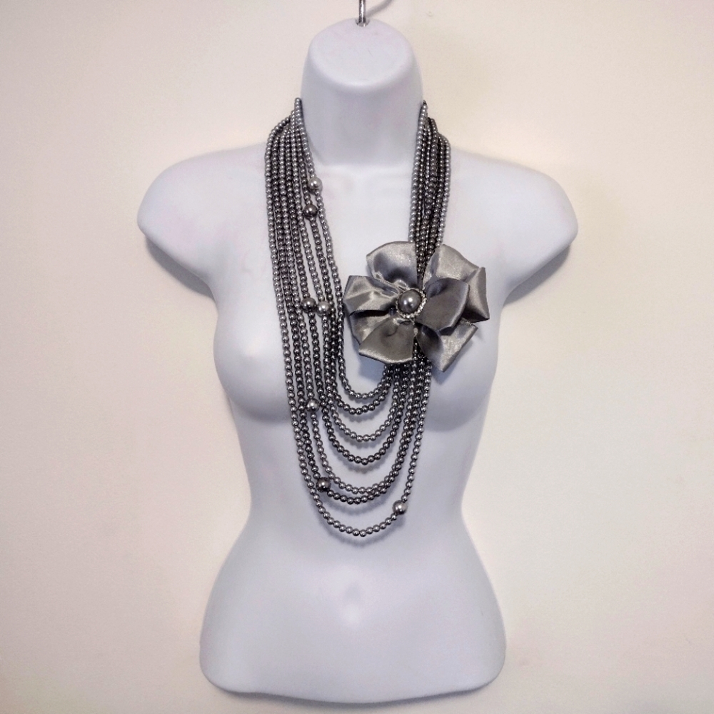 Faux Pearl Multi Strand Draped Necklace with Side Bow Gray